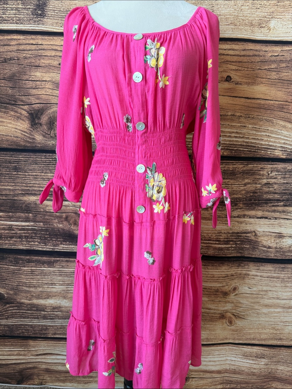 Bright Pink Floral Midi Dress with Smocked Waist and Button Front